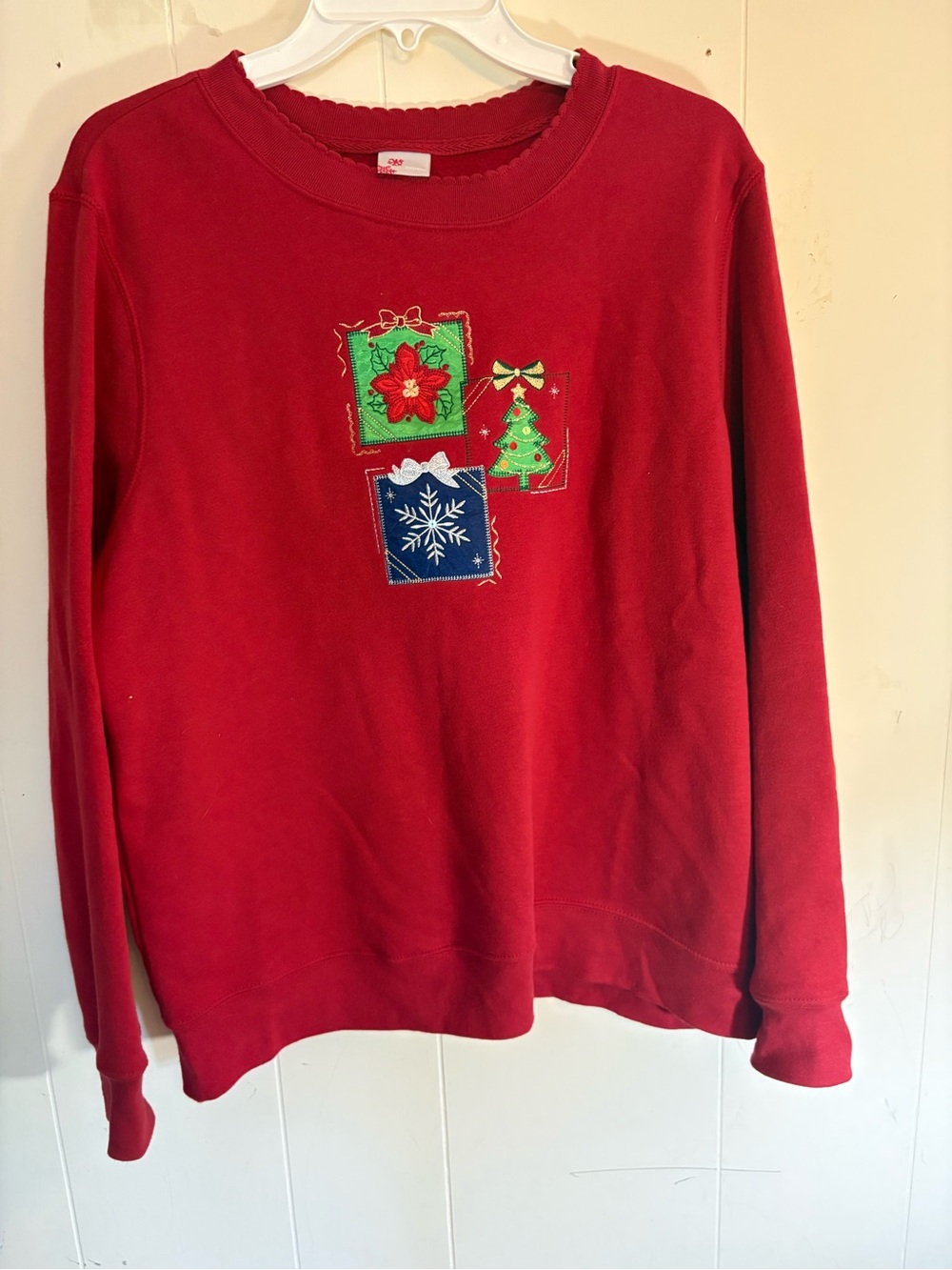 Christmas Women's Sweatshirt Large Poinsettia Bow Holiday Tree Red 90s VTG Y2K